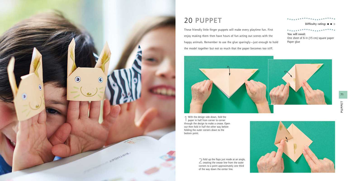 Packed with 35 of the finest paper projects this side of Tokyo, Origami for Kids shows how to take a simple piece of paper and turn it into something so much more exciting, like a finger puppet, a robot, pretty flowers, a gift box for your treats and treasures, and even a sumo wrestler. The projects range from very easy to more challenging—the tulip or the rabbit will show you the basics, while aspiring origami addicts will love the squirrel, windmill, snowflake, and snowman. You really will be amazed at wh