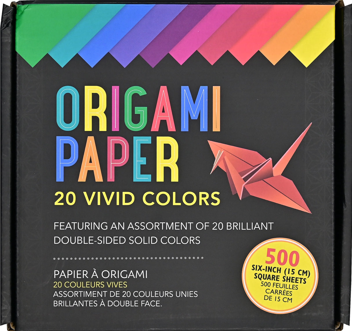 Deluxe boxed set contains 500 sheets of premium origami paper! Vibrant, specially designed paper is the perfect weight for easy folding and durability. Paper comes in 20 different brilliant double-sided solid colors.
Boxed set includes a booklet with instructions for making 6 classic origami projects: a boat, a crane, a fortune teller, a pinwheel, a flower, and a box. Discover, explore, and enjoy this ancient art form! Set comes in a sturdy laminated box that safeguards your origami paper as you use it.
5