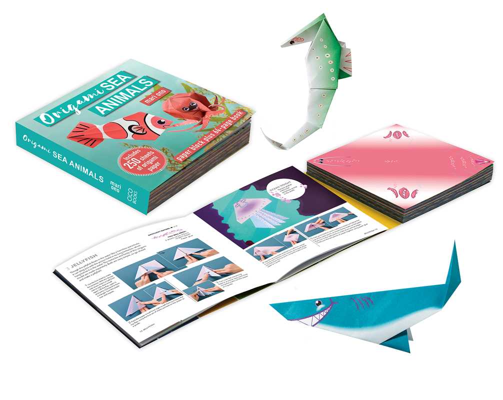 Take a trip into the deep blue with this 64-page project book and 250 sheets of origami paper.
Bestselling origami expert Mari Ono has put together an awesome collection of ocean dwellers and sea creatures that kids and adults alike will love to make.
Dive right in with a toothy shark, a wiggly jellyfish, playful sea otters, a shy little seahorse, and hilarious crabs.
All 15 projects come with simple step-by-step instructions, difficulty ratings, and clear photographs with arrows showing you where to fol