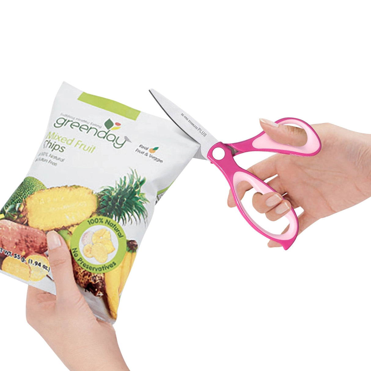 • Revolutionary curved blades offer 2x the cutting force of straight edge scissors.
• Unique curved blades continuously cut at the ideal angle of 30 degrees.
• Effortless cutting from the pivot point to the scissor tip.
• Double layered grips for maximum comfort.
• Smooth and durable pivot ring.
• Stainless steel blades.
• Available in multiple sizes and colors.
Scissor Length: 8 in