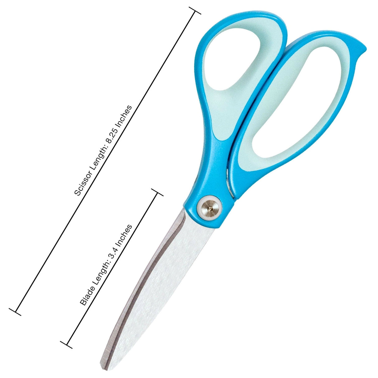 • Revolutionary curved blades offer 2x the cutting force of straight edge scissors.
• Unique curved blades continuously cut at the ideal angle of 30 degrees.
• Effortless cutting from the pivot point to the scissor tip.
• Double layered grips for maximum comfort.
• Smooth and durable pivot ring.
• Stainless steel blades.
• Available in multiple sizes and colors.
Scissor Length: 8 in