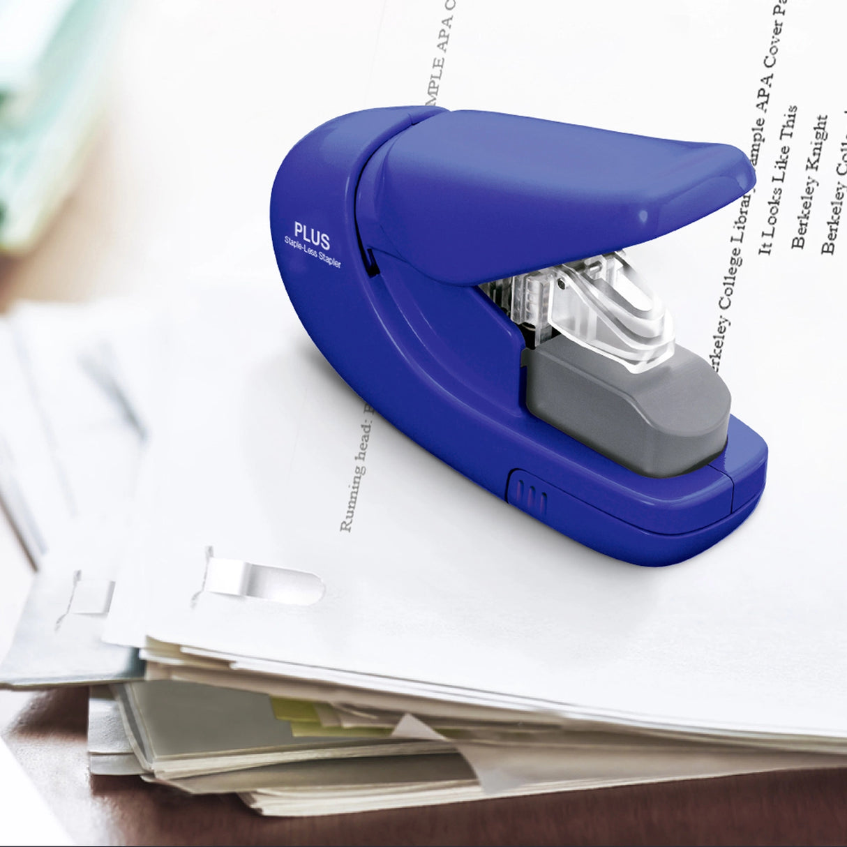This clinch stapler lets you quickly fasten paper without the use of staples. Never buy staples again. It fastens up to five sheets of paper at a time with a unique inter-folding process. Always ready to use—never worry about running out of staples and safe for children to use.
"Stapled" documents are paper shredder safe.
Perfect for school, home and office.