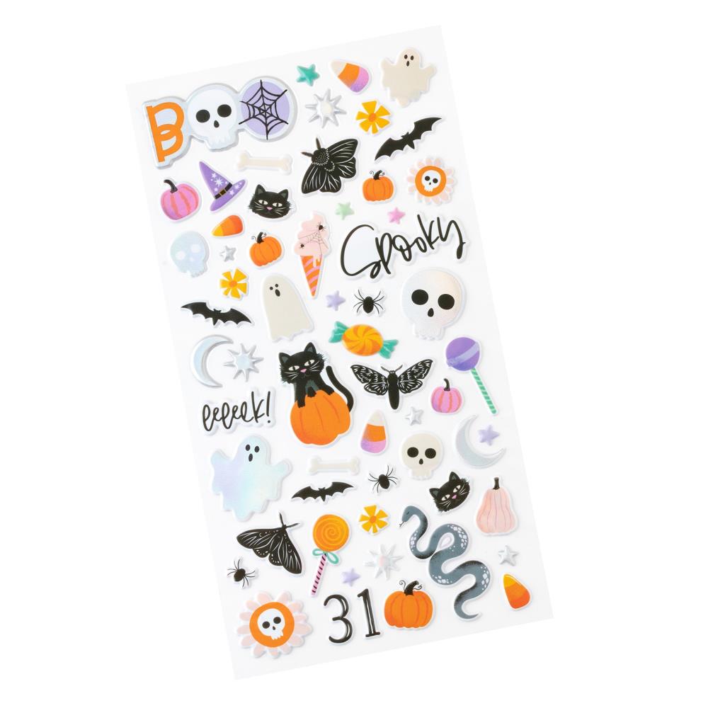 Add a touch of spooky charm to your paper crafting projects with Icons Puffy Stickers from the Tricks And Treats Collection by Paige Evans for American Crafts. This set of 60 stickers features an array of delightful images including pumpkins, skulls, and even a snake. Whether you're creating Halloween cards, scrapbook pages, or tags, these stickers are the perfect embellishment to bring your designs to life. The puffy texture adds dimension and visual interest to your projects, while the adhesive backing en