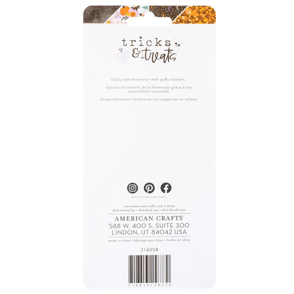 Add a touch of spooky charm to your paper crafting projects with Icons Puffy Stickers from the Tricks And Treats Collection by Paige Evans for American Crafts. This set of 60 stickers features an array of delightful images including pumpkins, skulls, and even a snake. Whether you're creating Halloween cards, scrapbook pages, or tags, these stickers are the perfect embellishment to bring your designs to life. The puffy texture adds dimension and visual interest to your projects, while the adhesive backing en