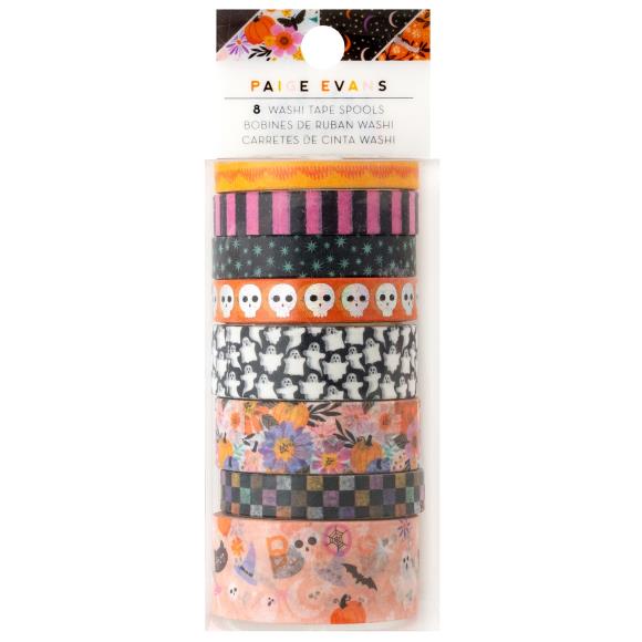 Add a touch of spooktacular charm to your creative projects with the Washi Tape from the Tricks And Treats Collection by Paige Evans for American Crafts.
This package includes eight rolls of tape featuring a variety of designs, such as pink and black stripes, skulls, ghosts, and more.
The rolls range in width from 0.375" to 0.875" and each measures six yards in length, giving you a total of 48 yards of tape to play with.
Whether you're decorating cards, scrapbook pages, envelopes, tags, journals, planner