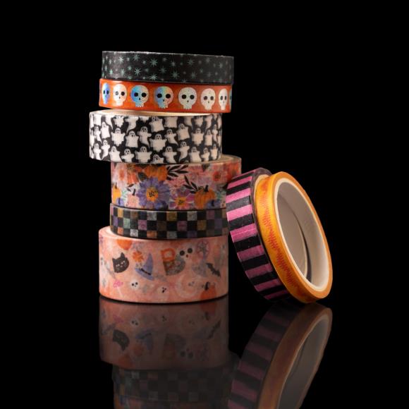 Add a touch of spooktacular charm to your creative projects with the Washi Tape from the Tricks And Treats Collection by Paige Evans for American Crafts.
This package includes eight rolls of tape featuring a variety of designs, such as pink and black stripes, skulls, ghosts, and more.
The rolls range in width from 0.375" to 0.875" and each measures six yards in length, giving you a total of 48 yards of tape to play with.
Whether you're decorating cards, scrapbook pages, envelopes, tags, journals, planner