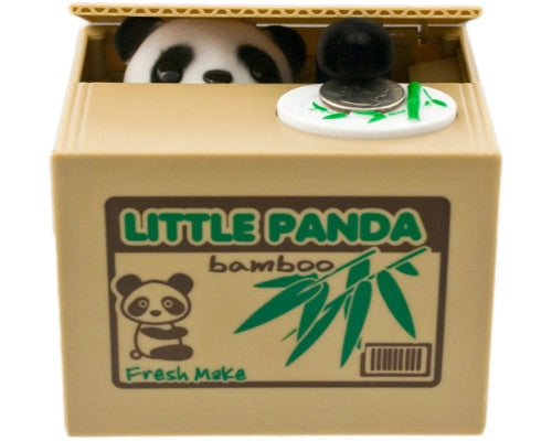 Panda Hiding in Box Coin Bank
Size: 4.75"L x 4"W x 3.75"H
Material: Plastic