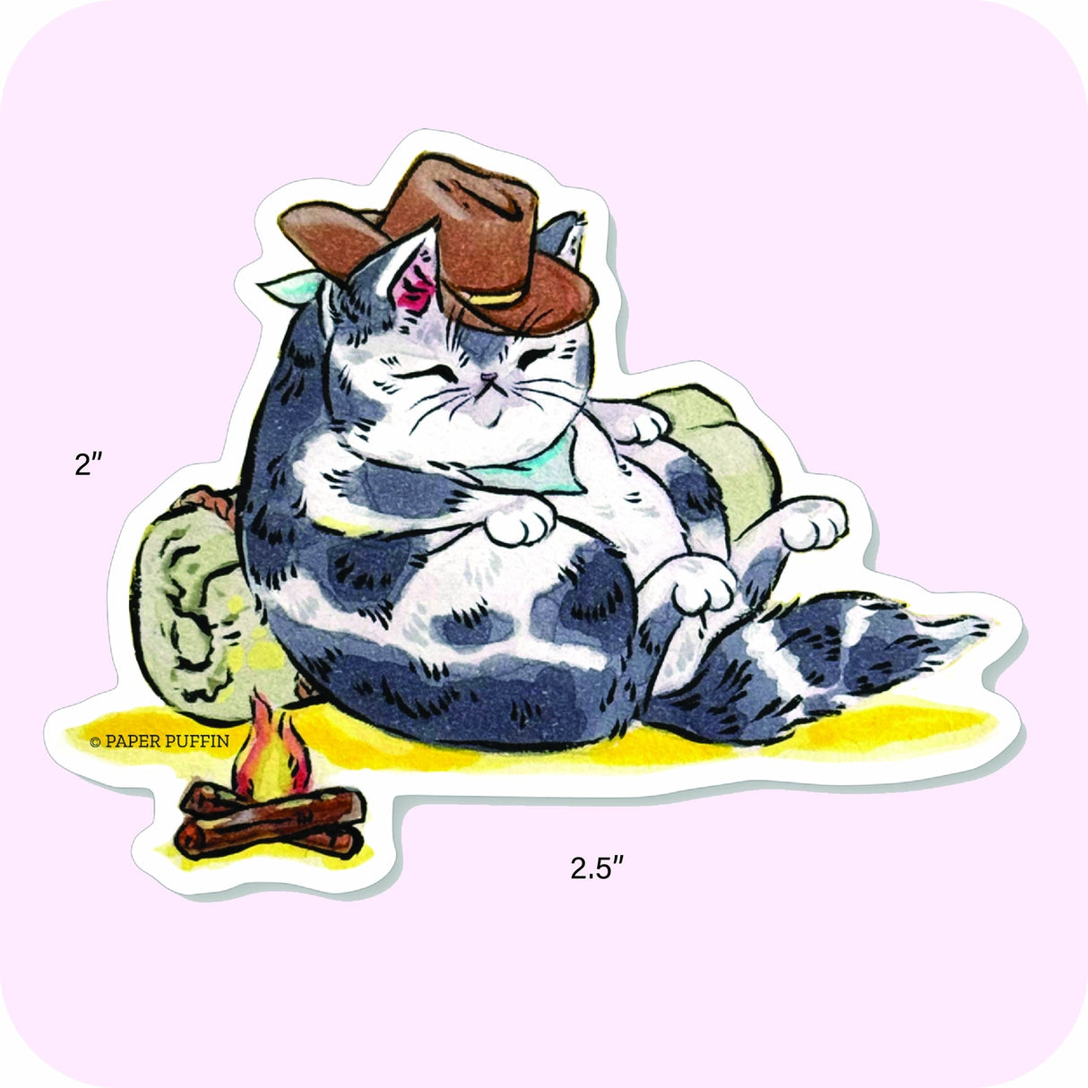 This lil Cowboy Cat is taking a nap.
Note: The images are a mock-up of the design.
+ size: 2" x 2.5” with rounded corners
+ permanent adhesive glossy vinyl sticker with solid peel backing
+ scratch and weather resistant material, PVC free
+ packaged and shipped flat
All work and photos ©PAPER PUFFIN Art by. K.CARLSON