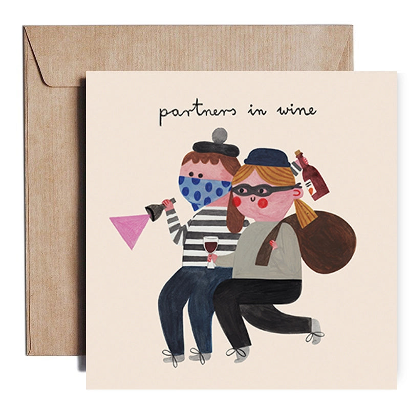 Immerse yourself in the charming world of Daria Solak Illustrations with the 'Partners in Wine' card. Perfect for expressing your love or friendship, this card measures 14.8x14.8cm, ideal for a heartfelt message. Each design is a product of hand-drawn illustrations, printed locally to maintain quality. Enjoy the vibrant hues, made possible by the use of watercolors, gouache, and colored pencils. This card is a testament to Daria's love for creating designs that bring joy, with her favorite themes of girls,