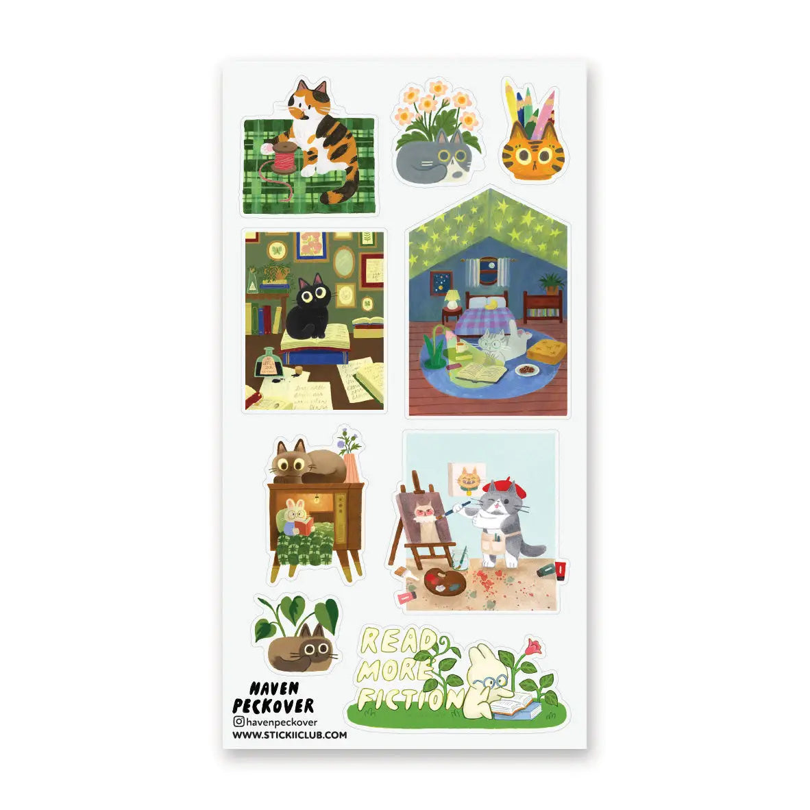 📚🐈 Tucked between cozy rooms, leafy corners, and pages waiting to be explored, @havenpeckover’s curious cats are keeping very busy! These creative kitties paint portraits, curl up with books, play with yarn, tend to their plants, and settle in for quiet study sessions with tea and cookies. A charming little sheet for anyone who believes work is better with a cat nearby, and play is basically required between chapters.
Art by: @havenpeckover