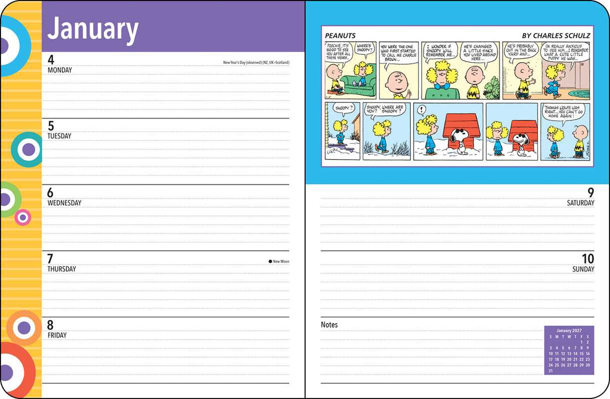 Staying organized will be a breeze this year with this bright and colorful monthly/weekly planner that features full-color Sunday comic strips of everyone's favorite gang—the PEANUTS® gang.
The PEANUTS® 2027 Monthly/Weekly Planner blends functionality with fun, featuring vibrant comic strips from Charles M. Schulz that celebrate the wit, whimsy, and heart of the PEANUTS® gang. It offers plenty of space to jot down appointments, meetings, activities, or notes, and fits easily on a counter or desk, either