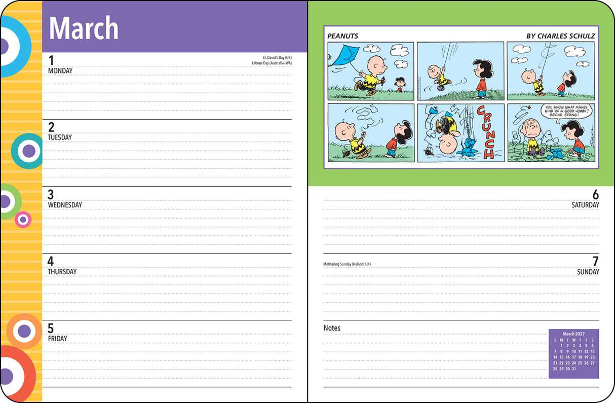 Staying organized will be a breeze this year with this bright and colorful monthly/weekly planner that features full-color Sunday comic strips of everyone's favorite gang—the PEANUTS® gang.
The PEANUTS® 2027 Monthly/Weekly Planner blends functionality with fun, featuring vibrant comic strips from Charles M. Schulz that celebrate the wit, whimsy, and heart of the PEANUTS® gang. It offers plenty of space to jot down appointments, meetings, activities, or notes, and fits easily on a counter or desk, either