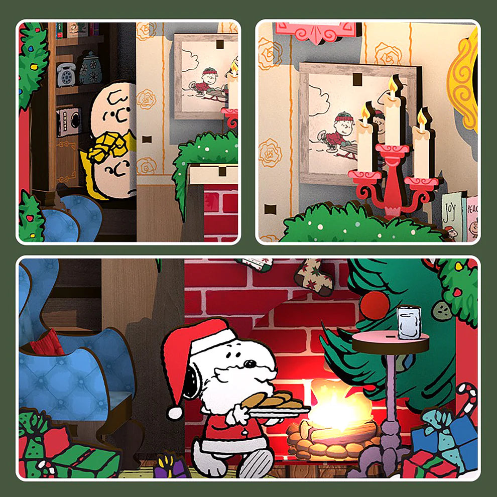 Snoopy Santa surprise! Bring the magic of the holidays to your bookshelf with this charming DIY book nook kit featuring Snoopy dressed as Santa! Caught cookie-handed, Snoopy steals the show while Charlie Brown and Sally peek from the stairs in festive wonder. With delightful details and nostalgic cheer, this cozy scene is perfect for Peanuts fans and holiday decorators alike.