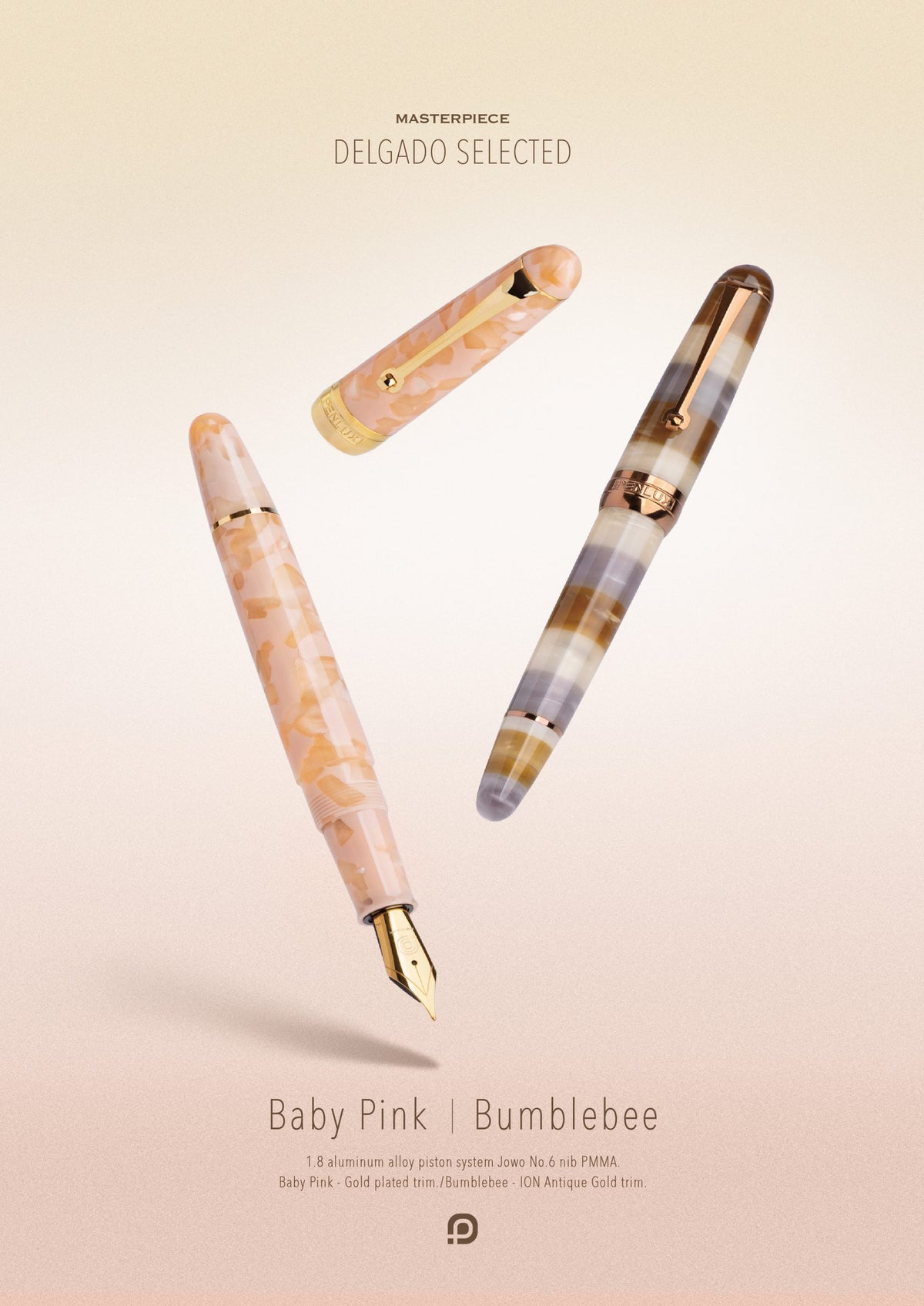 Penlux Masterpiece Delgado Bumblebee Fountain Pen
The collection of Delgado Selected is a premiere version of the Delgado which uses only rare materials and with small production quantity. The Bumblebee was created using PMMA resin and only 70 pieces were produced.
The Bumblebee Delgado features an earthy style with banded swirls of smoky slate grey, translucent honey amber, creamy white, and deep caramel. Topped off with copper plated trim and nib, it looks less like a bug and more like