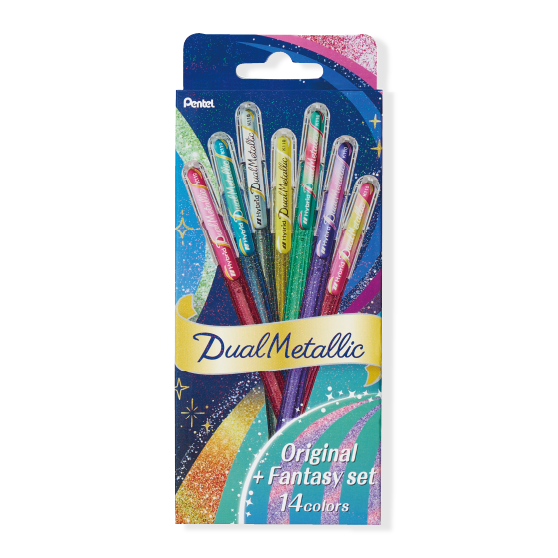 The Dual Metallic is a playful ballpoint pen with two sparkles in one line.
Because the ink and glitter colors are different, they produce colors that can be seen depending on the angle of light and the color of the background.
White paper has a delicate shimmer, and black paper has a deep, fantastic brilliance. With just one pen, you can create a variety of expressions that attract the viewer's heart.
It is finished in a set case made of paper material with a glittering hologram finish. Inside the case, t