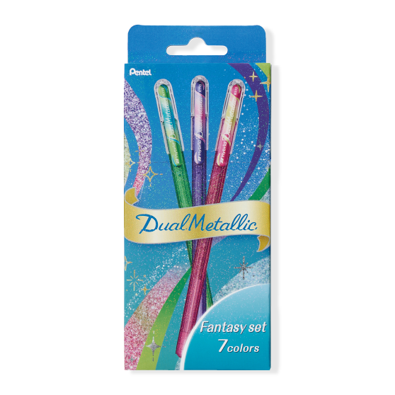 The Dual Metallic is a playful ballpoint pen with two sparkles in one line.
Because the ink and glitter colors are different, they produce colors that can be seen depending on the angle of light and the color of the background.
White paper has a delicate shimmer, and black paper has a deep, fantastic brilliance. With just one pen, you can create a variety of expressions that attract the viewer's heart.
It is finished in a set case made of paper material with a glittering hologram finish. Inside the case, t