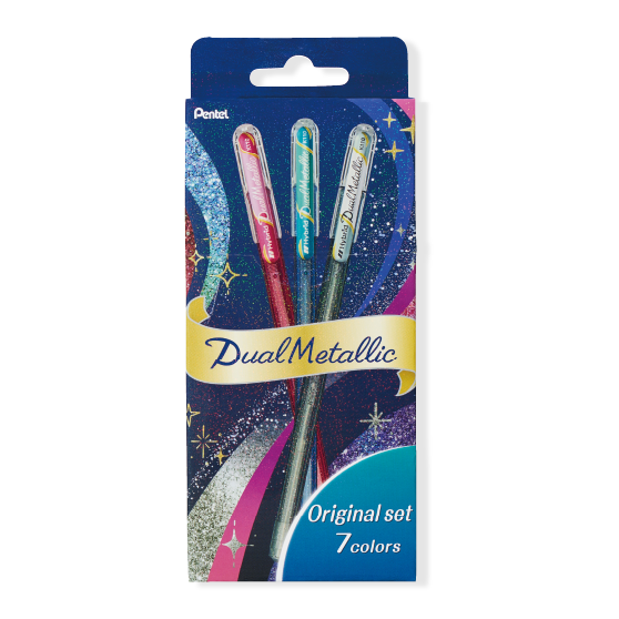 The Dual Metallic is a playful ballpoint pen with two sparkles in one line.
Because the ink and glitter colors are different, they produce colors that can be seen depending on the angle of light and the color of the background.
White paper has a delicate shimmer, and black paper has a deep, fantastic brilliance. With just one pen, you can create a variety of expressions that attract the viewer's heart.
It is finished in a set case made of paper material with a glittering hologram finish. Inside the case, t