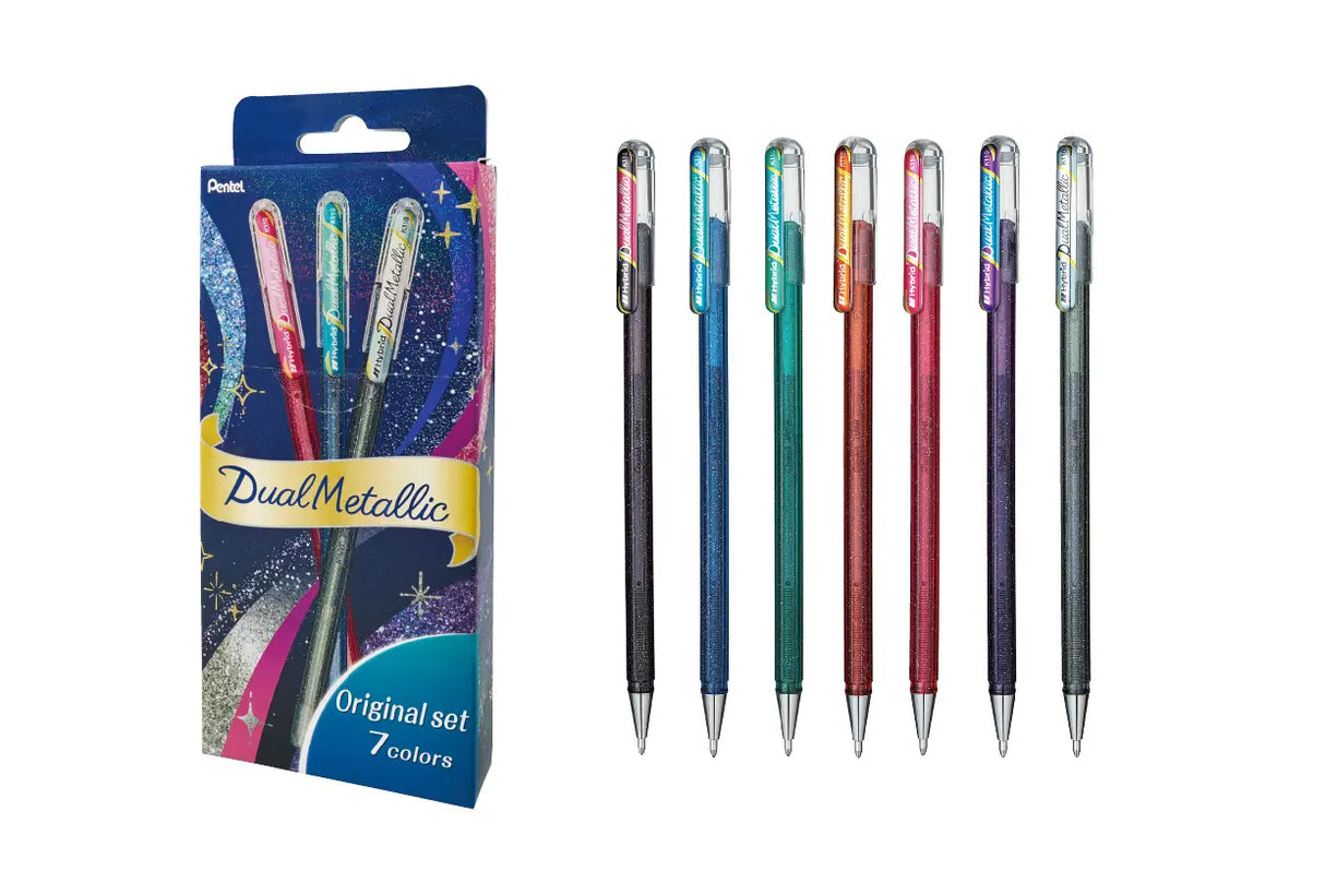 The Dual Metallic is a playful ballpoint pen with two sparkles in one line.
Because the ink and glitter colors are different, they produce colors that can be seen depending on the angle of light and the color of the background.
White paper has a delicate shimmer, and black paper has a deep, fantastic brilliance. With just one pen, you can create a variety of expressions that attract the viewer's heart.
It is finished in a set case made of paper material with a glittering hologram finish. Inside the case, t