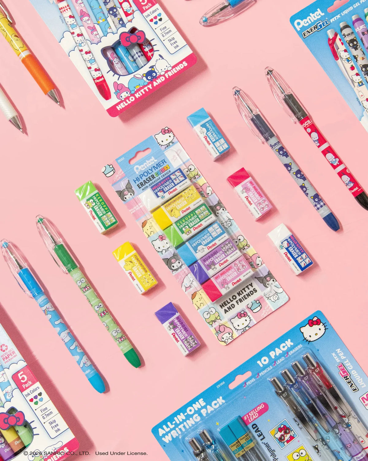 Your favorite characters, your favorite pens. Pentel has teamed up with Hello Kitty and Friends to bring you a limited-edition collection of premium writing instruments designed for fans, collectors, and everyday writers alike.
Key features:
Limited-Edition Hello Kitty and Friends character designs for fans, collectors, and everyday writers alike.
The erasers are made from high-quality, latex-free materials, ensuring they are safe for all users.
Each eraser is designed to erase cleanly without tearing or