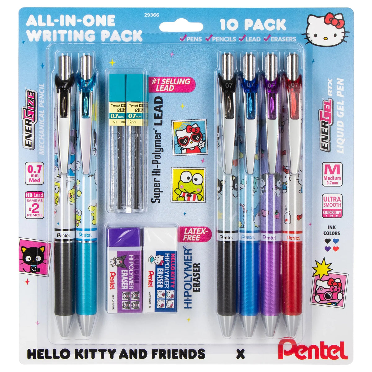 Your favorite characters, your favorite pens. Pentel has teamed up with Hello Kitty and Friends to bring you a limited-edition collection of premium writing instruments designed for fans, collectors, and everyday writers alike.
The Pentel Writing Essentials Pack includes 4 EnerGel gel pens with assorted ink colors, 2 EnerGize 0.7mm mechanical pencils, 2 Hi-Polymer block erasers, and 2 Hi-Polymer 0.7mm HB lead, providing a comprehensive writing solution. Many people struggle to find writing tools that are b