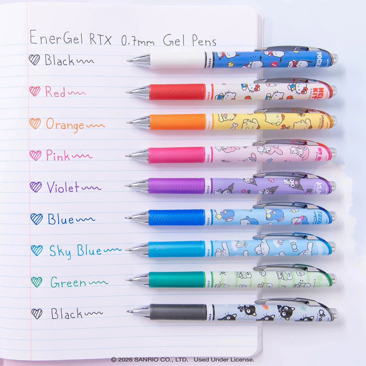 Your favorite characters, your favorite pens. Pentel has teamed up with Hello Kitty and Friends to bring you a limited-edition collection of premium writing instruments designed for fans, collectors, and everyday writers alike.
The Pentel Writing Essentials Pack includes 4 EnerGel gel pens with assorted ink colors, 2 EnerGize 0.7mm mechanical pencils, 2 Hi-Polymer block erasers, and 2 Hi-Polymer 0.7mm HB lead, providing a comprehensive writing solution. Many people struggle to find writing tools that are b