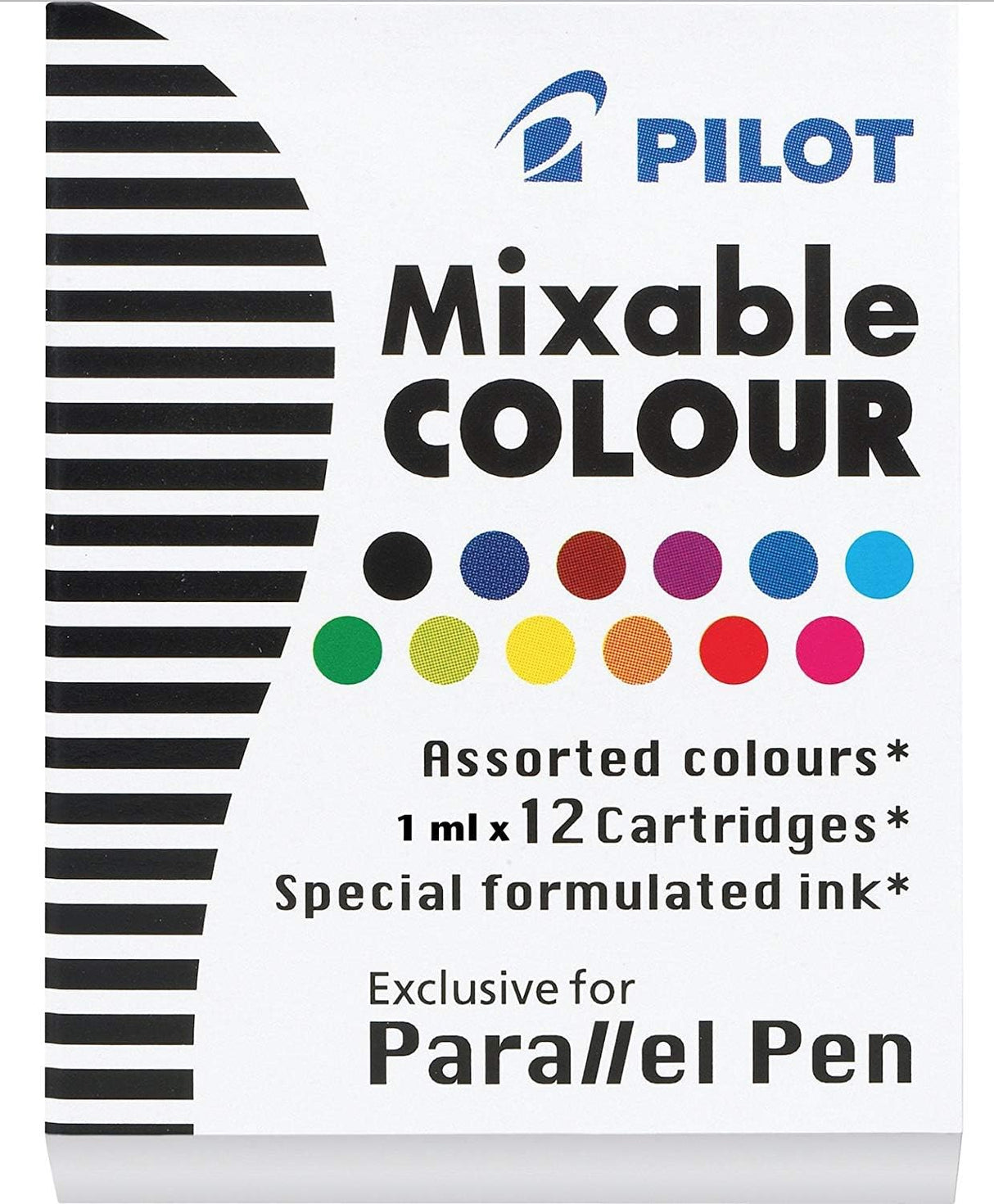 Pilot Parallel ink cartridges are specially designed for creative color blending. Their mixable formula lets you combine inks to produce smooth gradients and entirely new shades. Compared to standard Pilot fountain pen cartridges, this ink is richer in color and offers improved flow for a smoother writing experience. Made exclusively for the Pilot Parallel Pen, these dye-based inks deliver bold, vibrant strokes and are ideal for producing striking gradient effects with ease.
Each box includes 12 cartridges