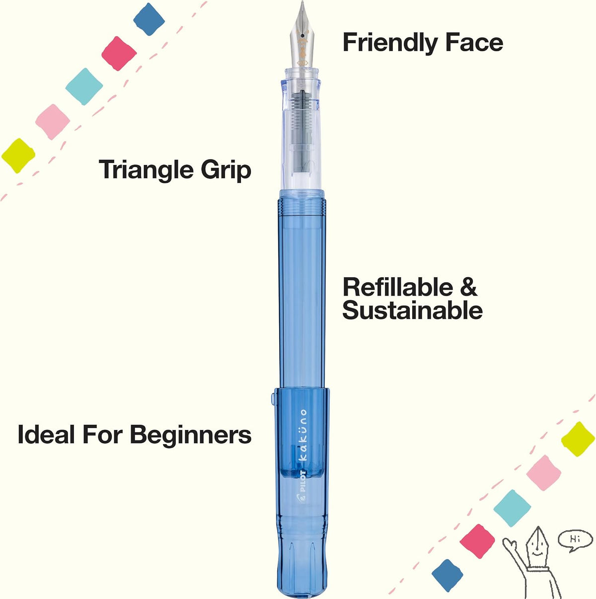 Pilot Kakuno Fountain Pen - Clear Blue
Kakuno is a delightful, new fountain pen that is ideal for both first time fountain pen users and experienced writers. Everyone can enjoy writing with a Kakuno fountain pen. "Kakuno" means "to write" in Japanese, and that's just what this pen helps users to do by featuring an appealing smiley face on the nib, when oriented upward, ensures perfect nib orientation.
The NEW Kakuno Clear body features the Extra Fine, Fine and Medium Nib (with a tongue sticking out)