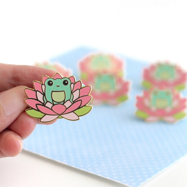 Pink Lotus Flower Frog Enamel Pin