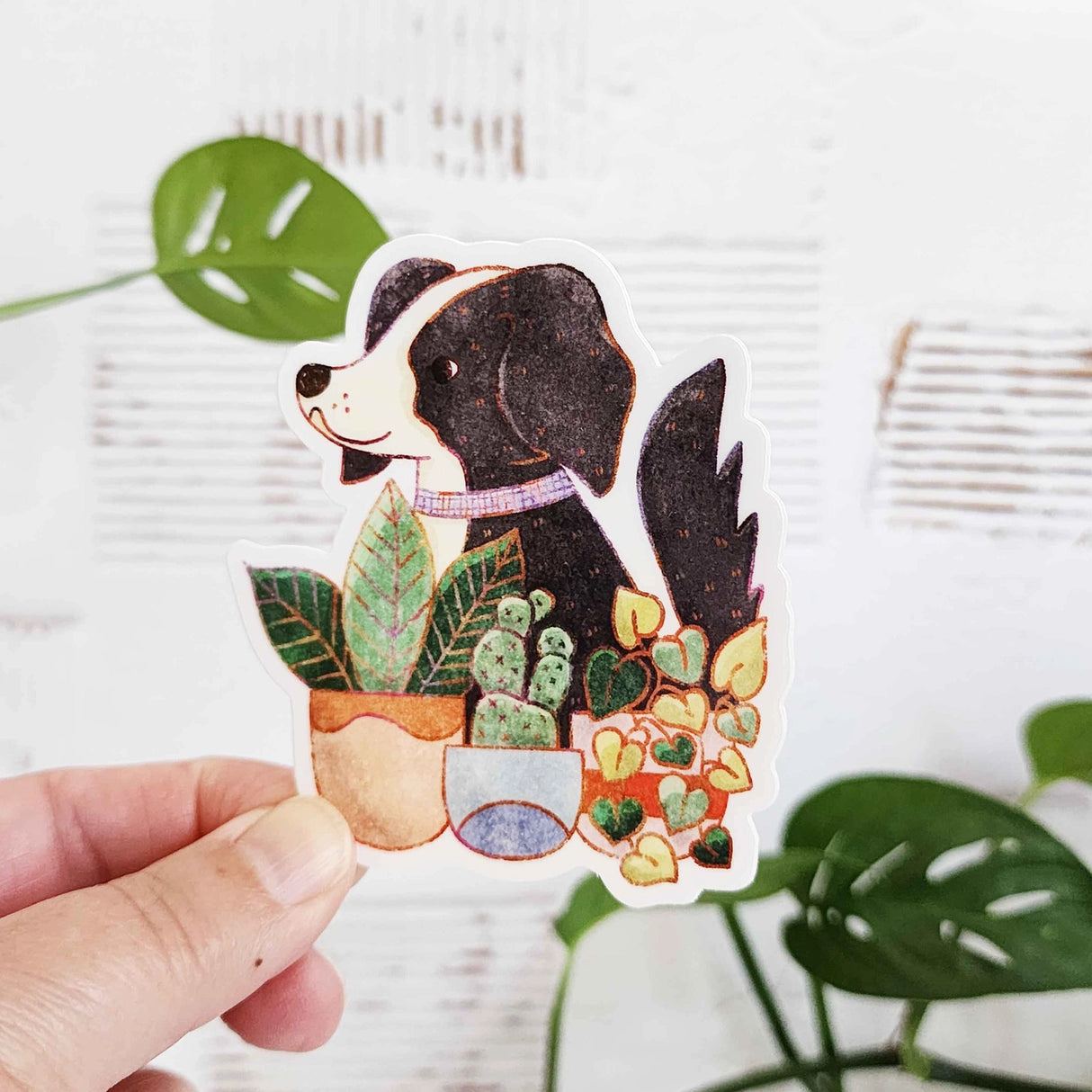 A loyal dog settles in among leafy houseplants, content to rest where sunlight filters softly through the greenery. This vinyl sticker captures that familiar, cozy moment, adding a quiet sense of companionship to your everyday essentials.
Made from durable, waterproof vinyl, this sticker is designed to hold up wherever you place it—whether that’s a water bottle, laptop, or journal you reach for daily.
