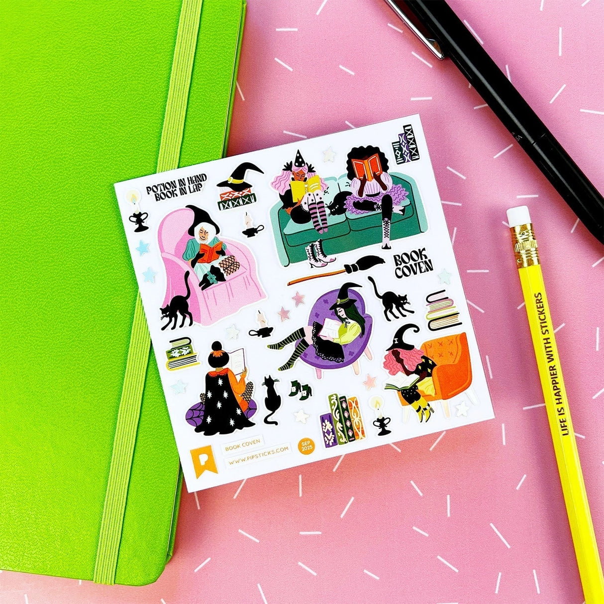 PipStickers are the PERFECT gift for the sticker lover in your life - even if it's you! These unique PVC designs with holographic silver foil accents come on a clear backing and cannot be found anywhere else.
Includes one 4" x 4" sheet of Book Coven PipStickers and includes the Pipsticks manifesto.