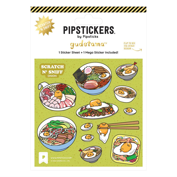 PipStickers are the PERFECT gift for the sticker lover in your life - even if it's you! These unique scratch 'n sniff designs cannot be found anywhere else.
Gudetama Ramen Adventure Scratch 'n Sniff (2ct) includes two (that's right, TWO!!) onion scented PipStickers - one 4'' die cut sticker AND one 4'' x 4'' sheet.