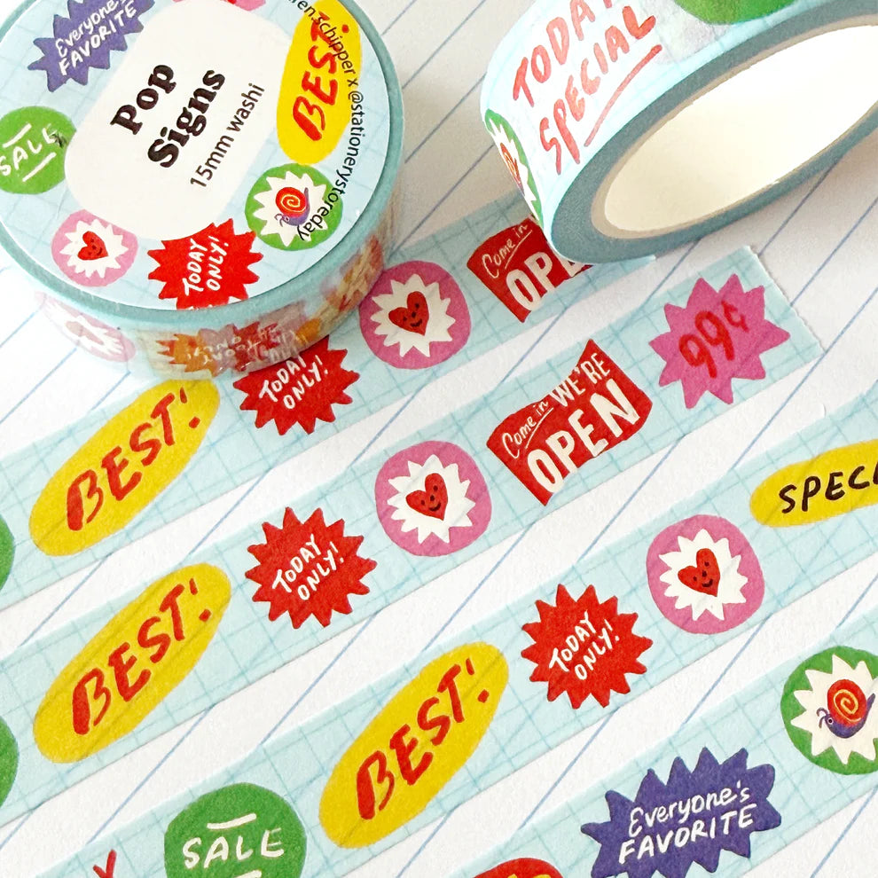 Cute pattern of window signs by Karen Schipper.
Perfect for decorating planners, journals, cards, gifts, and scrapbooks. The perfect roll of washi for stationery lovers!
15mm x 10m tape
Artwork property of Karen Schipper
Shrink-wrapped with label stickers on both sides (save for your junk journal!)