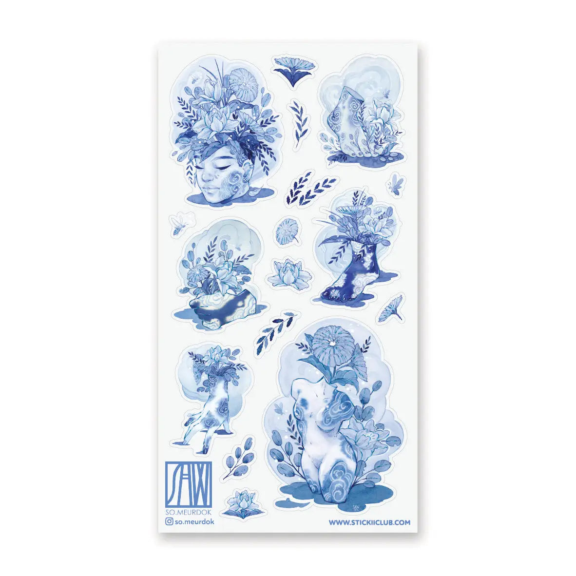💐🌀 Step into @so.meurdok’s surreal garden, where faces, hands, feet, and figures blossom into living bouquets. Lush florals and striking blue details blur the line between body and bouquet, while foil accents trace every elegant curve like enchanted brushstrokes. A tiny art gallery, now in sticker form. Art by: @so.meurdok
Top Coating: Blue foil
Adhesive Layer: Paper
Backing Layer: Paper
6.69" x 3.54".
Weight - 0.03lbs
1 sheet included