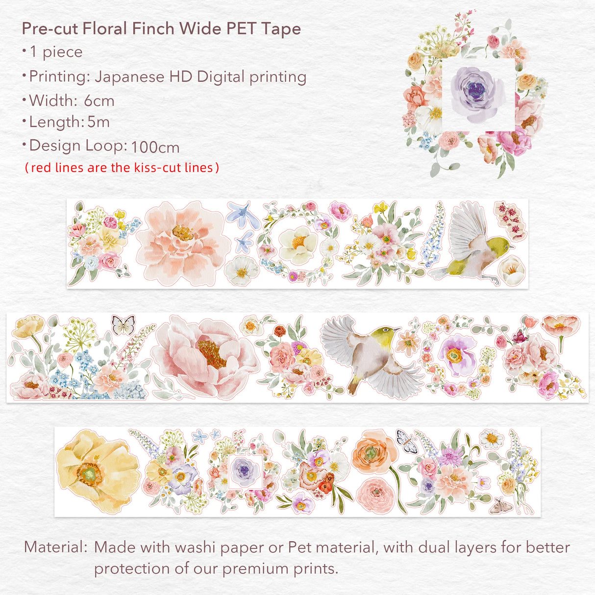 Say hello to warm days and even warmer vibes with our Pre-cut Floral Finch Wide PET Tape. Featuring soft orange florals and dainty finches, this tape is like golden hour wrapped on a roll. It’s pre-cut, so you can peel, stick, and get creative without the scissors scramble. Whether you’re journaling, planning, or decorating happy mail, this one’s got that sweet sunny magic your pages have been waiting for.
Brand: WT ( The Washi Tape Shop)
Pre-cut PET Tape
Size: 60mm×5m
Design Loop: 100cm