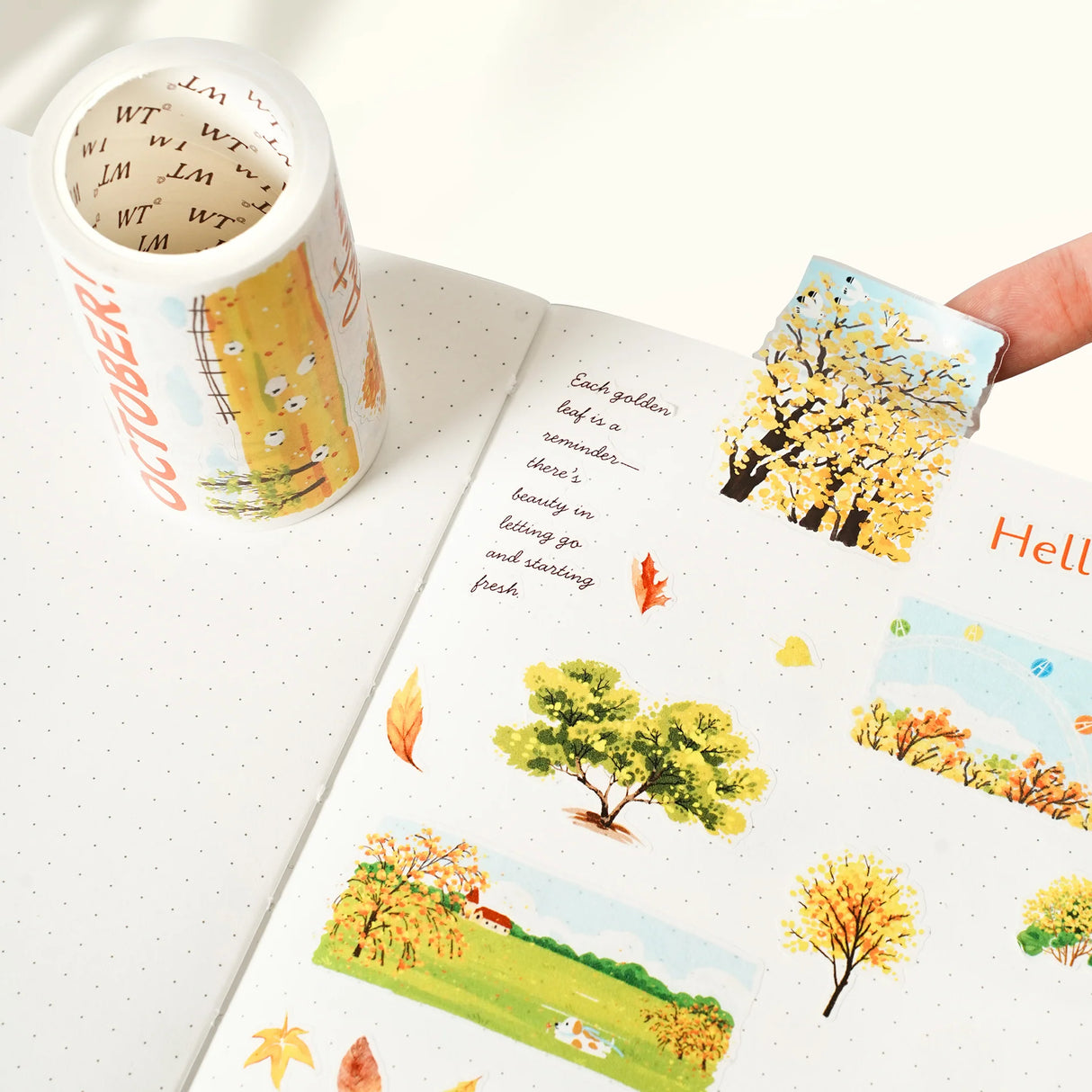 Embrace the golden glow of Fall with our Pre-cut Hello Autumn Wide Washi/PET Tape. Featuring watercolor autumn sceneries, delicate leaves, and poetic seasonal quotes, this design captures the fleeting beauty of the season in every strip. Pre-cut for effortless use—simply peel, place, and let autumn bloom across your pages.