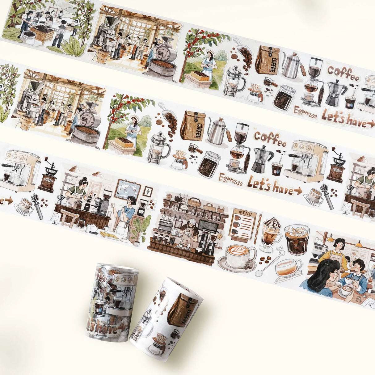 Meet our Life of Coffee PET Tape, a caffeine lover’s dream wrapped in a roll! This tape takes you on a delightful journey of the humble coffee bean, capturing its transformation from plant, to bustling coffee shop, and finally enjoyed by devoted coffee enthusiasts. Each section is illustrated with charming details and vibrant scenes that brew up a sense of warmth and nostalgia.
Artist: Antonia_Roxy
Brand: WT ( The Washi Tape Shop)
Pre-cut PET Tape
Size: 70mm×5m
Design Loop: 100cm
Material: PET