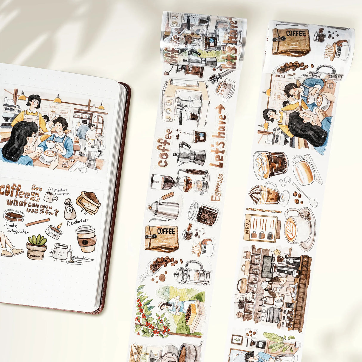 Meet our Life of Coffee PET Tape, a caffeine lover’s dream wrapped in a roll! This tape takes you on a delightful journey of the humble coffee bean, capturing its transformation from plant, to bustling coffee shop, and finally enjoyed by devoted coffee enthusiasts. Each section is illustrated with charming details and vibrant scenes that brew up a sense of warmth and nostalgia.
Artist: Antonia_Roxy
Brand: WT ( The Washi Tape Shop)
Pre-cut PET Tape
Size: 70mm×5m
Design Loop: 100cm
Material: PET