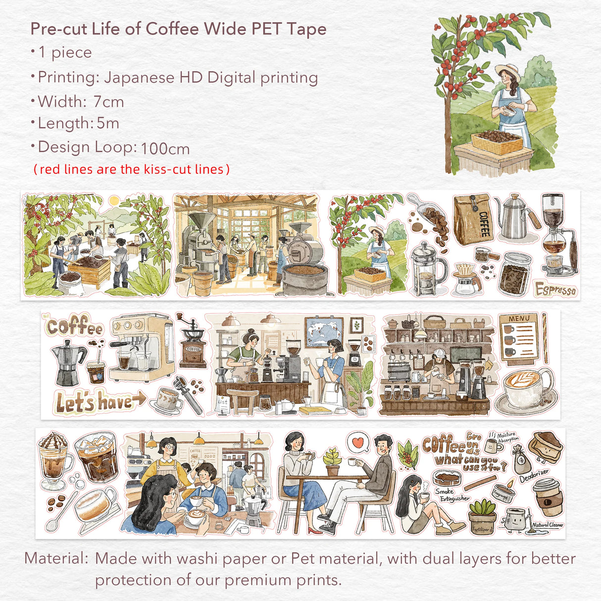 Meet our Life of Coffee PET Tape, a caffeine lover’s dream wrapped in a roll! This tape takes you on a delightful journey of the humble coffee bean, capturing its transformation from plant, to bustling coffee shop, and finally enjoyed by devoted coffee enthusiasts. Each section is illustrated with charming details and vibrant scenes that brew up a sense of warmth and nostalgia.
Artist: Antonia_Roxy
Brand: WT ( The Washi Tape Shop)
Pre-cut PET Tape
Size: 70mm×5m
Design Loop: 100cm
Material: PET