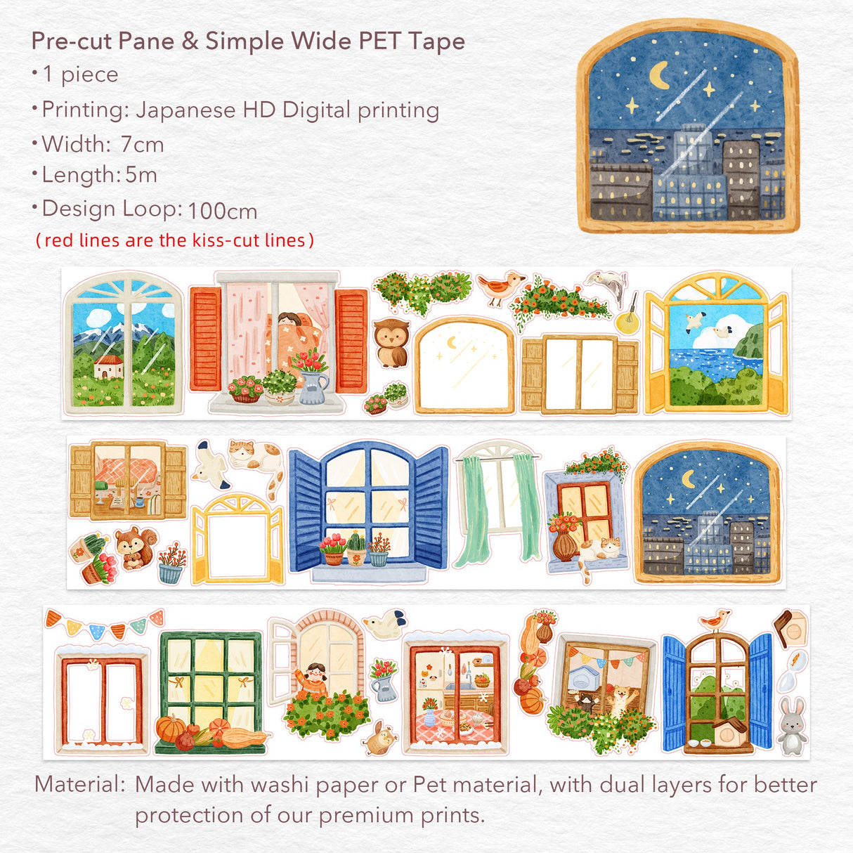 Pre-cut Pane & Simple Wide Washi / PET Tape