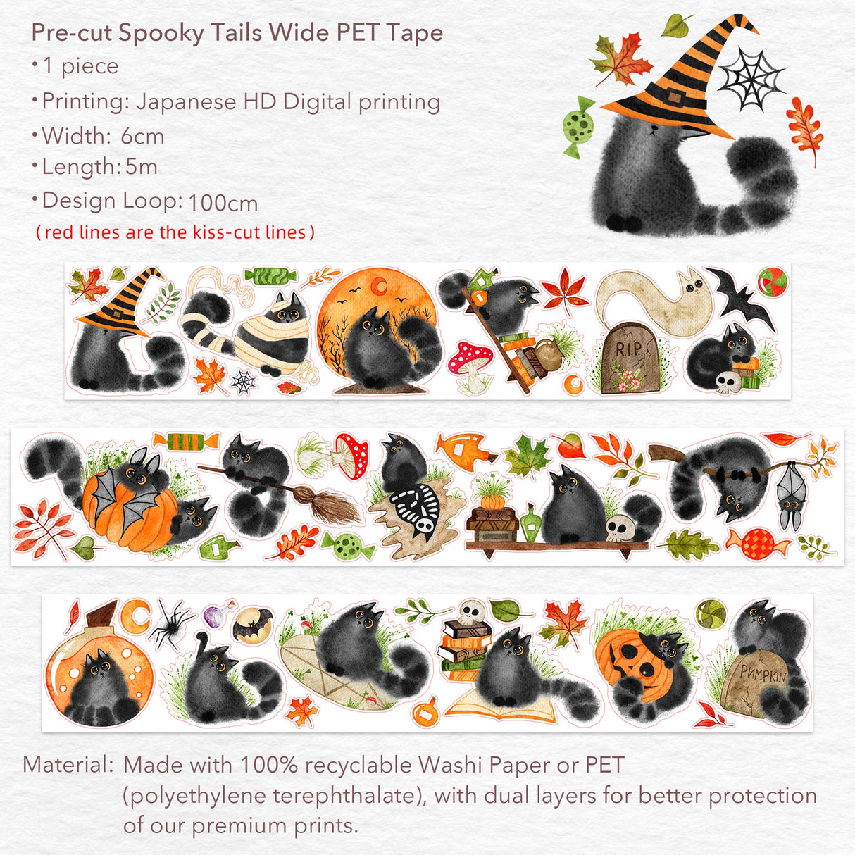 In collaboration with illustrator @better.call.liubka, we present a Halloween washi tape filled with the charm of black cats in motion. Every section tells a tiny story—cats leaping across pumpkins, sneaking through candles, or plotting playful tricks in the night. With bold lines and expressive details, this tape turns your journal into a stage for whimsical feline adventures.