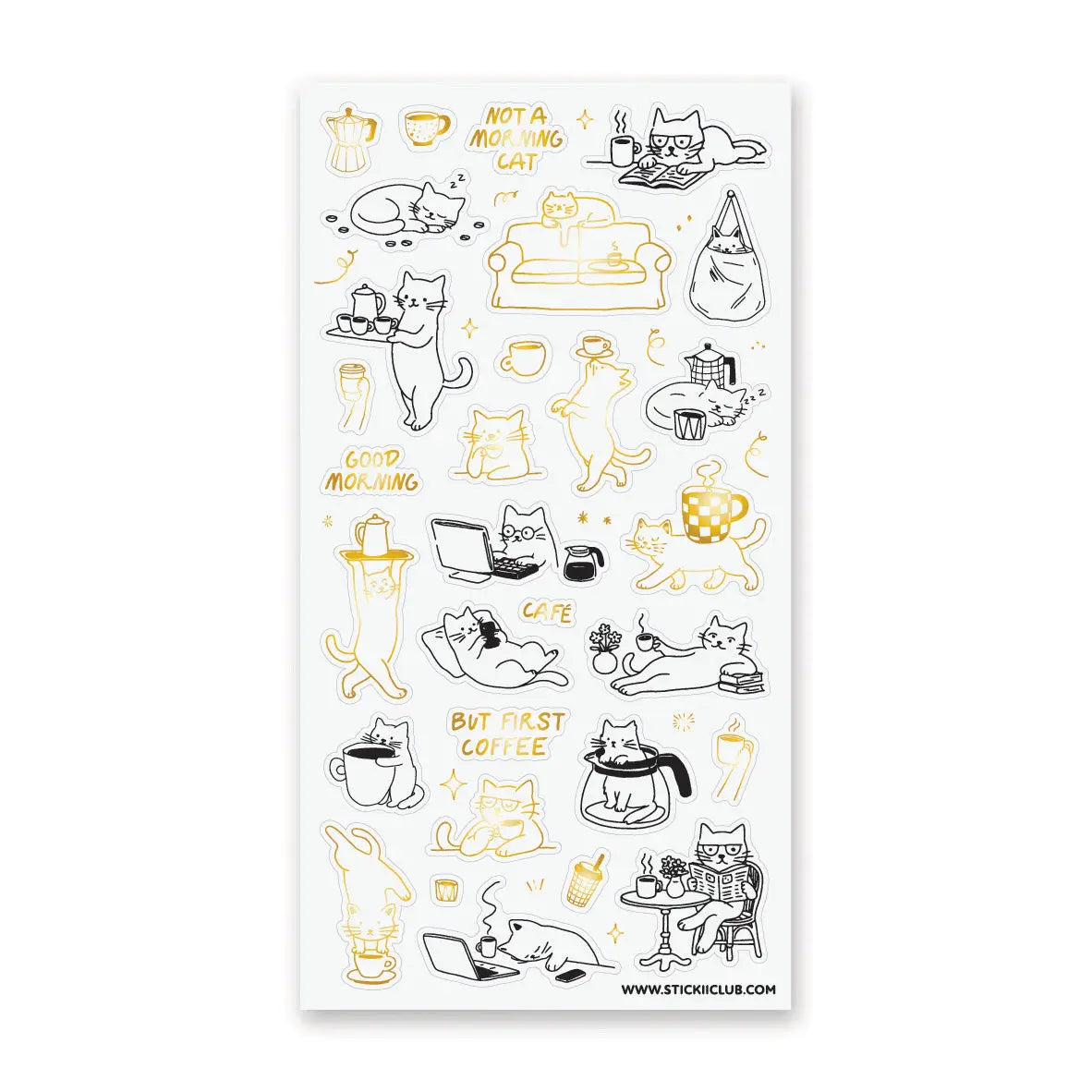 ☕️ Sleepy cats, steaming mugs, tiny coffee makers, and plenty of dramatic lounging fill this sheet with the funniest kind of morning routine. Whether they’re balancing cups, working from a laptop, or refusing to wake up at all, these kitties know one thing for sure: coffee comes first!