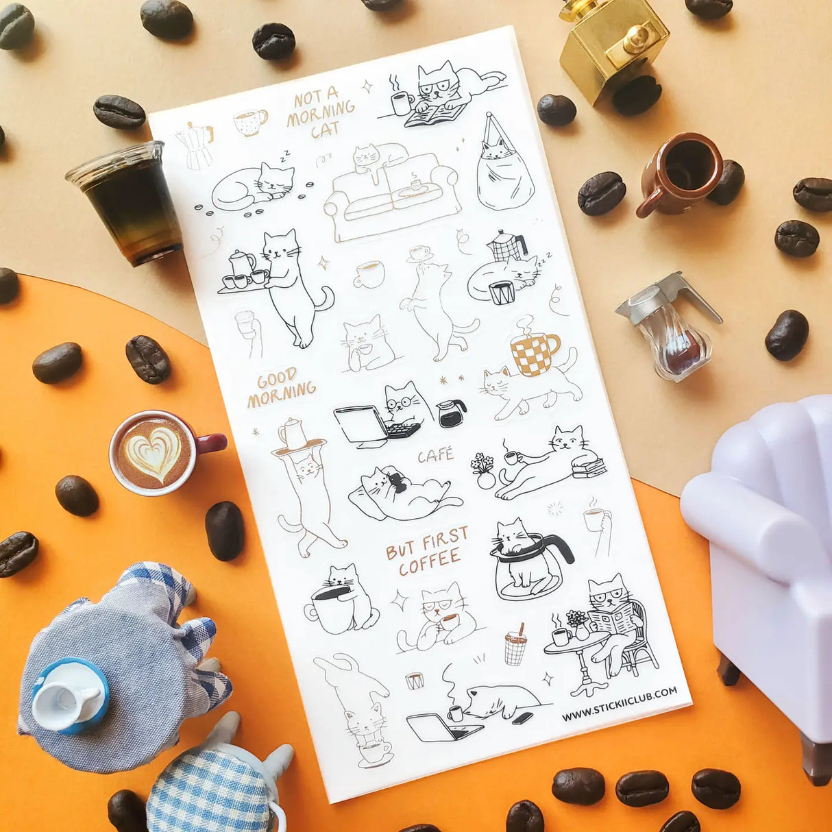 ☕️ Sleepy cats, steaming mugs, tiny coffee makers, and plenty of dramatic lounging fill this sheet with the funniest kind of morning routine. Whether they’re balancing cups, working from a laptop, or refusing to wake up at all, these kitties know one thing for sure: coffee comes first!