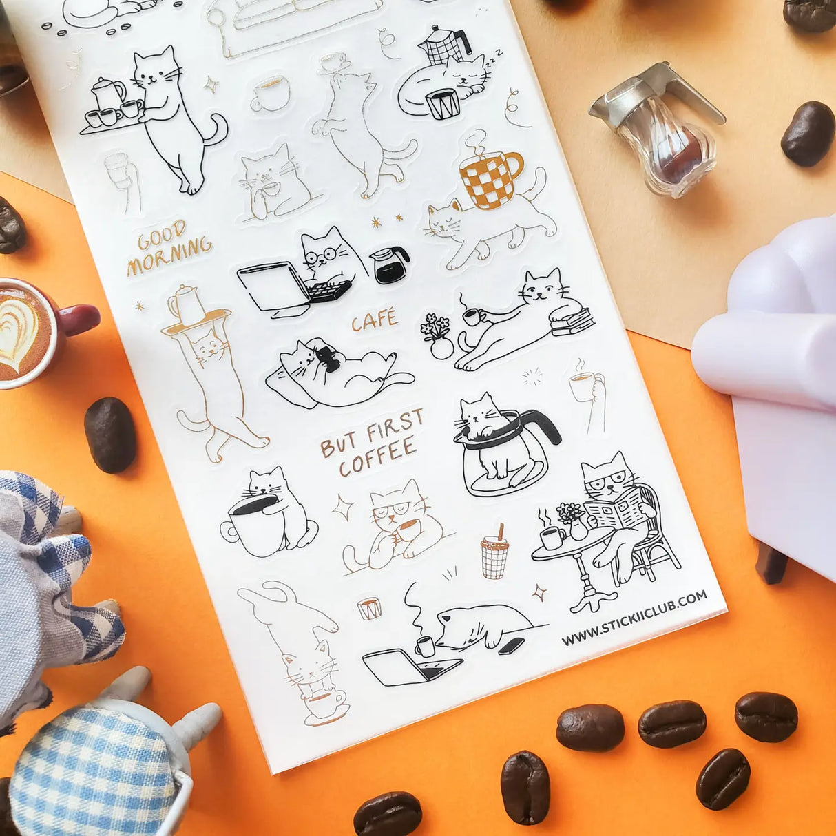 ☕️ Sleepy cats, steaming mugs, tiny coffee makers, and plenty of dramatic lounging fill this sheet with the funniest kind of morning routine. Whether they’re balancing cups, working from a laptop, or refusing to wake up at all, these kitties know one thing for sure: coffee comes first!