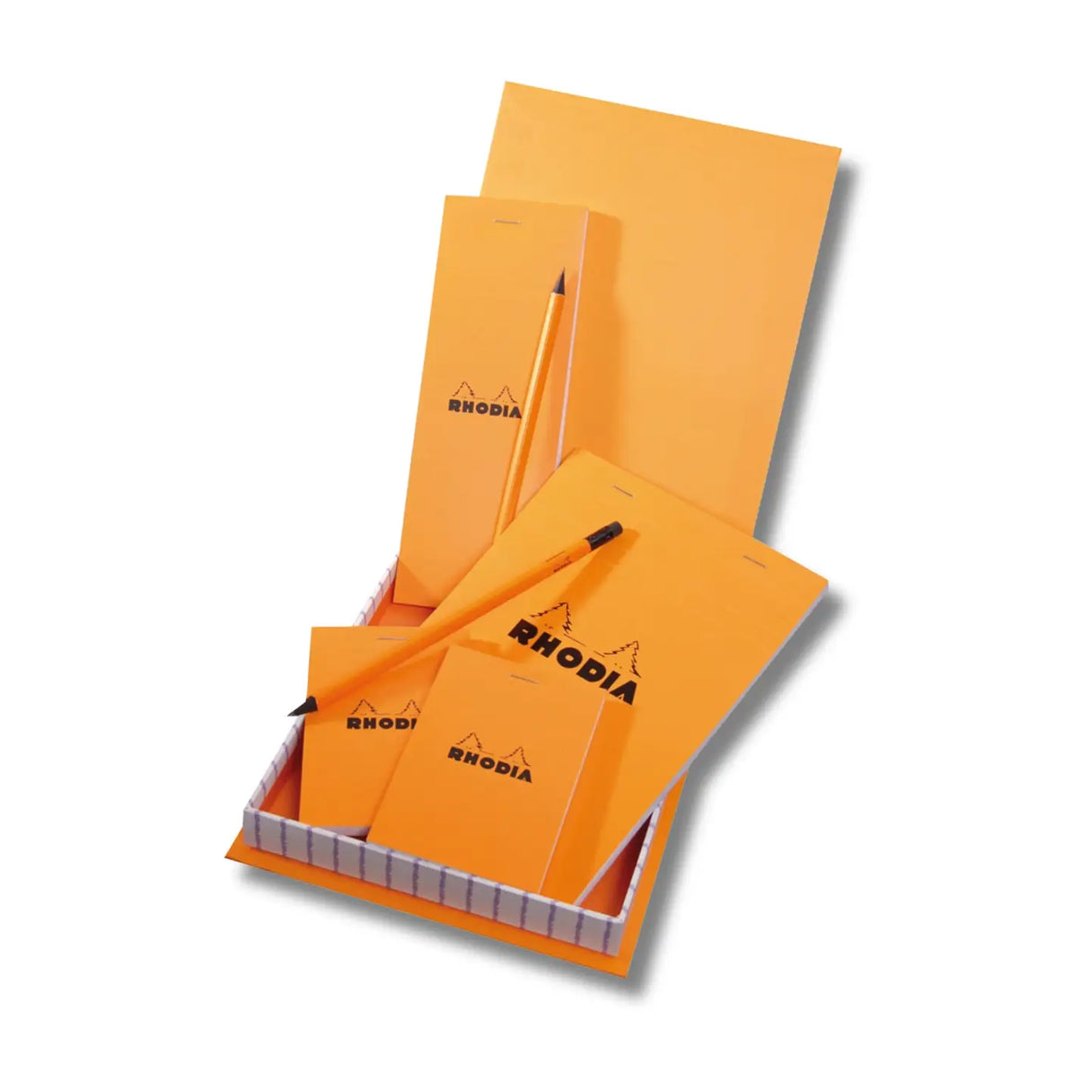 The Rhodia Treasure Box craftly mimics our iconic orange pad and includes the following:
Four Classic Orange pads with graph grid paper
1 BLOC N°8 Notepad (2.9 x 8.3")
2 BLOC N°11 Notepads (2.9 x 4.1")
1 BLOC N°16 Notepad (5.8 x 8.3")
Two orange Rhodia pencils
This is the perfect gift or set to keep for yourself!