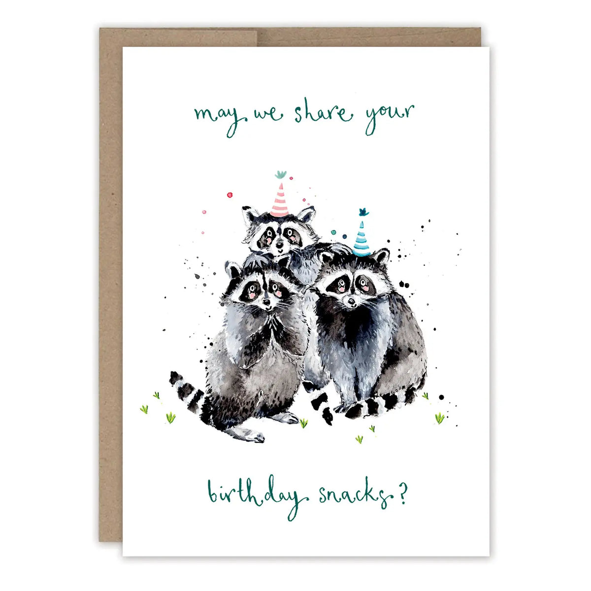 Raccoons Snacks Birthday Card
Inside verse: Wishes for a delightful day
• Illustrated by Louise Mulgrew
• Size: A6, 4.5" x 6.25"
• Paired with a Kraft envelope
• Printed in the USA on beautiful FSC-certified 10% post-consumer waste recycled paper.
About The Artist: Working with gouache and watercolor, Louise designs in her tiny studio in Brighton, England, inspired by her love of all animals, and passion for the natural world. Louise was named 2023 Artist of the Year by the USA Greeting Card Associa