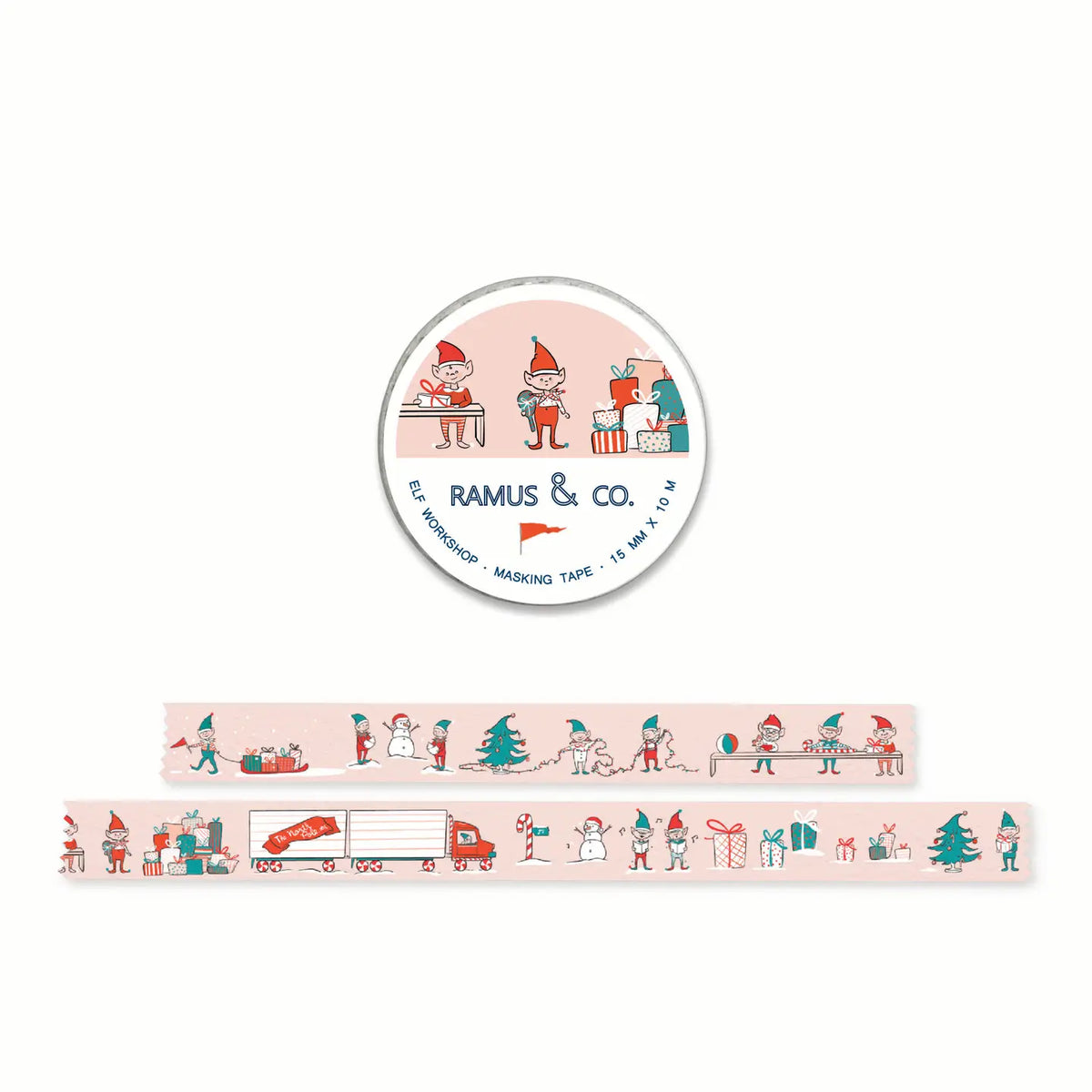 Ramus & Co. - Elf Workshop Washi Tape
10 meters of lovable masking tape. A fashionable embellishment for projects, planners, notebooks, notecards, greeting cards, envelopes and invitations. Ramus & Co. masking tape is safe to use on walls, tables, refrigerators, doors and windows. Irresistible designs that will find their way onto everything. Perfect for crafting and gifting!
15mm x 10m
Adhesive tape roll,
Shrink wrapped with unique label
Designed in USA, imported.
By Ramus & Co.