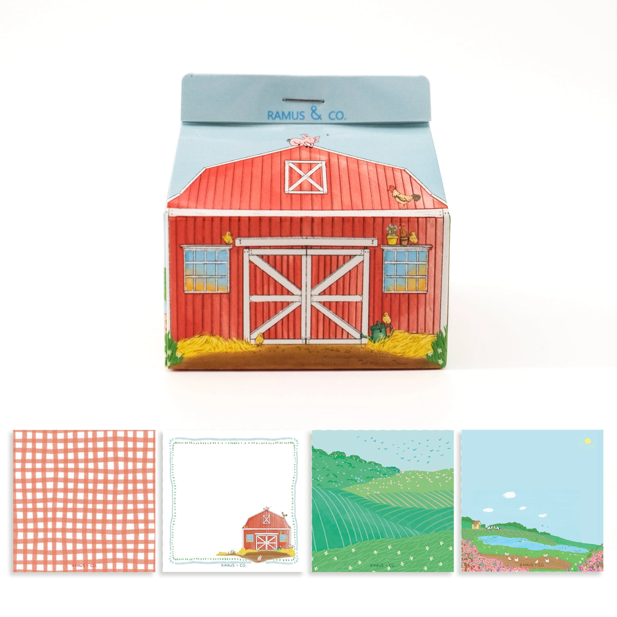Ramus & Co. - Farm Life Note Carton
Fresh notes, served daily! This Ramus & Co. mini carton comes filled with 200 handy 3×3 inch paper notes (in four different designs!), perfect for quick lists, messages, and bright ideas.
Simply remove the perforated door on the front for quick access whenever inspiration strikes. Equal parts practical and gift-able, it’s a cheerful addition to any desk, kitchen counter, or workspace!
4 x 4 inch note carton holder
(200) 3 x 3 inch paper notes
4 unique note desi