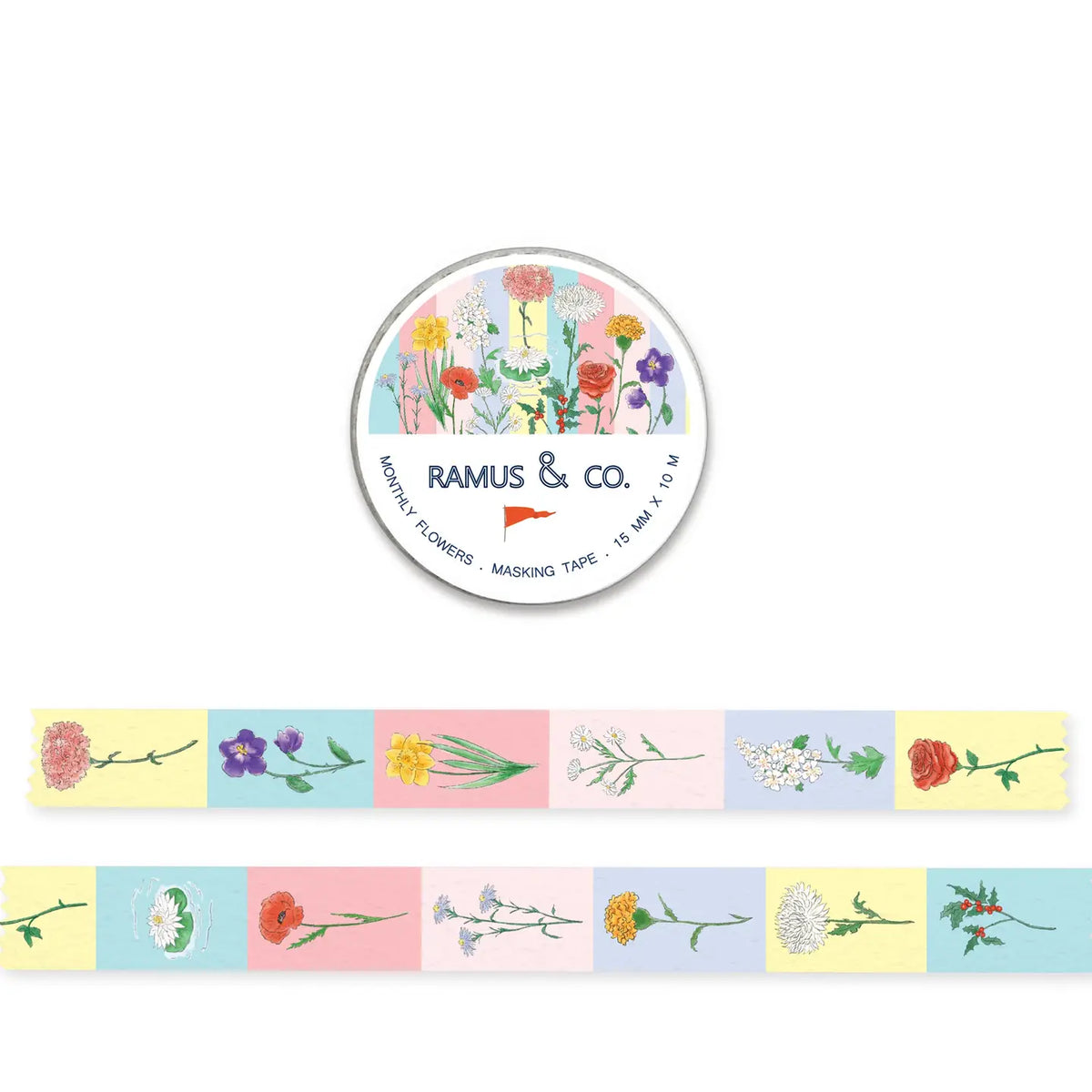 Ramus & Co. - Monthly Flowers Washi Tape
10 meters of lovable masking tape. A fashionable embellishment for projects, planners, notebooks, notecards, greeting cards, envelopes and invitations. Ramus & Co. masking tape is safe to use on walls, tables, refrigerators, doors and windows. Irresistible designs that will find their way onto everything. Perfect for crafting and gifting!
15mm x 10m
Adhesive tape roll,
Shrink wrapped with unique label
Designed in USA, imported.
By Ramus & Co.