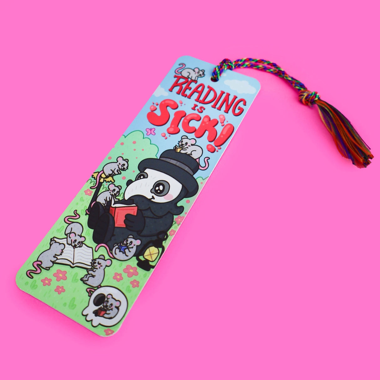 Are you down with the sickness that is reading? This plague doctor is! He’s researching new ways to treat his patients. Right now, he’s reading a book about bloodletting! He often lets his rat friends read along with him and accompany him at work. They make excellent company!
Hold your spot in style with our fun and funky bookmark collection! Whether you prefer romance, fantasy, or science fiction, our bookmarks will fit perfectly between the pages of your favorite novel.