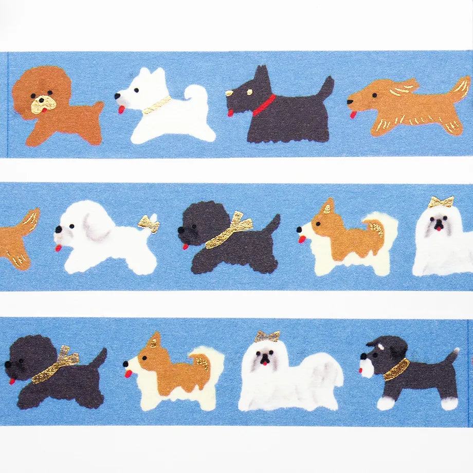 Foil-stamped masking tape by illustrator Reiko Tada. A truly adorable design where various dogs with fluffy fur come one after another. The sparkling gold foil stamping adds a design accent. Cut short to use as stickers, or as a pop point in wrapping or decoration.
✨ Product Features
Gold foil stamping for a subtle, elegant shine
Perfect for decorating planners, journals, cards, gifts, and scrapbooks
High‑quality Cozyca Products washi tape
Size: 20 mm × 5 m